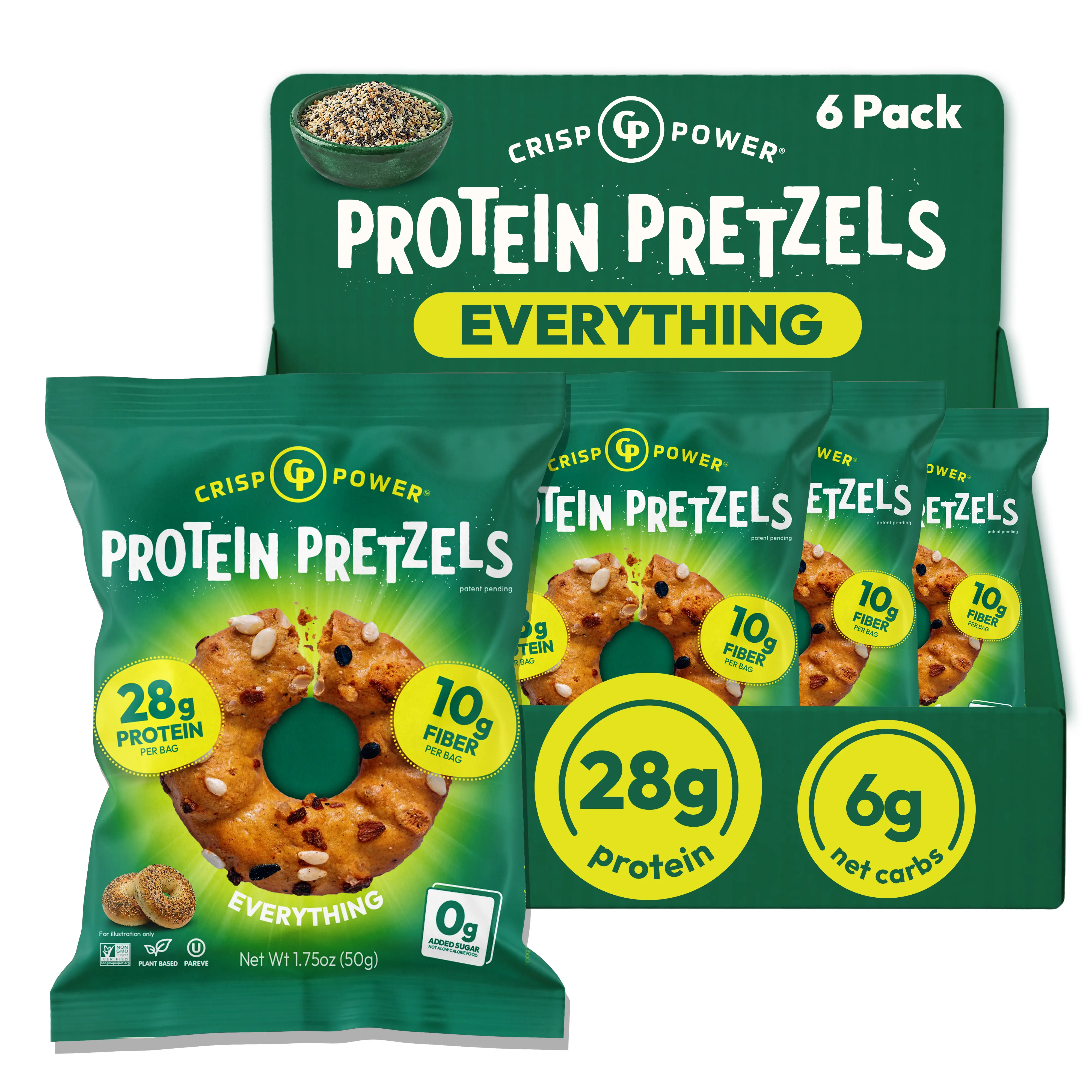 CRISP POWER Protein Pretzels, Everything , High Protein Snack, 28G Protein, High Fiber Crunchy Pretzel Snacks, No Added Sugar, 1.75 oz Bags, 6 Pack, Plant-Based, Keto Crispy