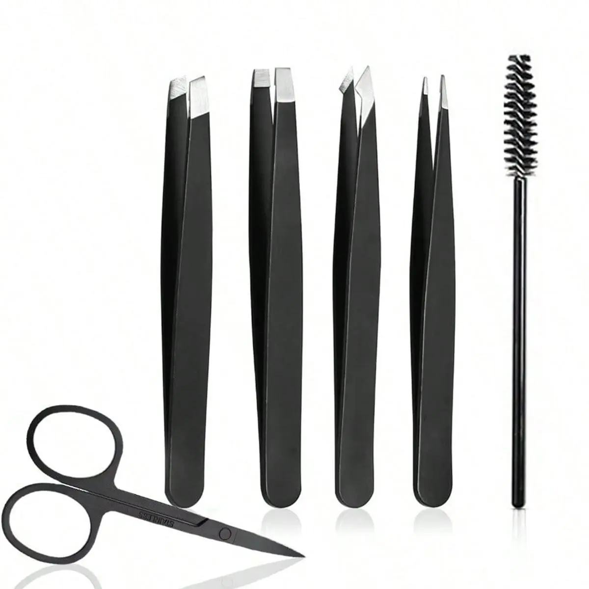 Eyebrow Tweezers Set with Curved Scissors & Brush, 6 Counts/set Stainless Steel Eyebrow Tweezers Set, Professional Makeup Tools for Women