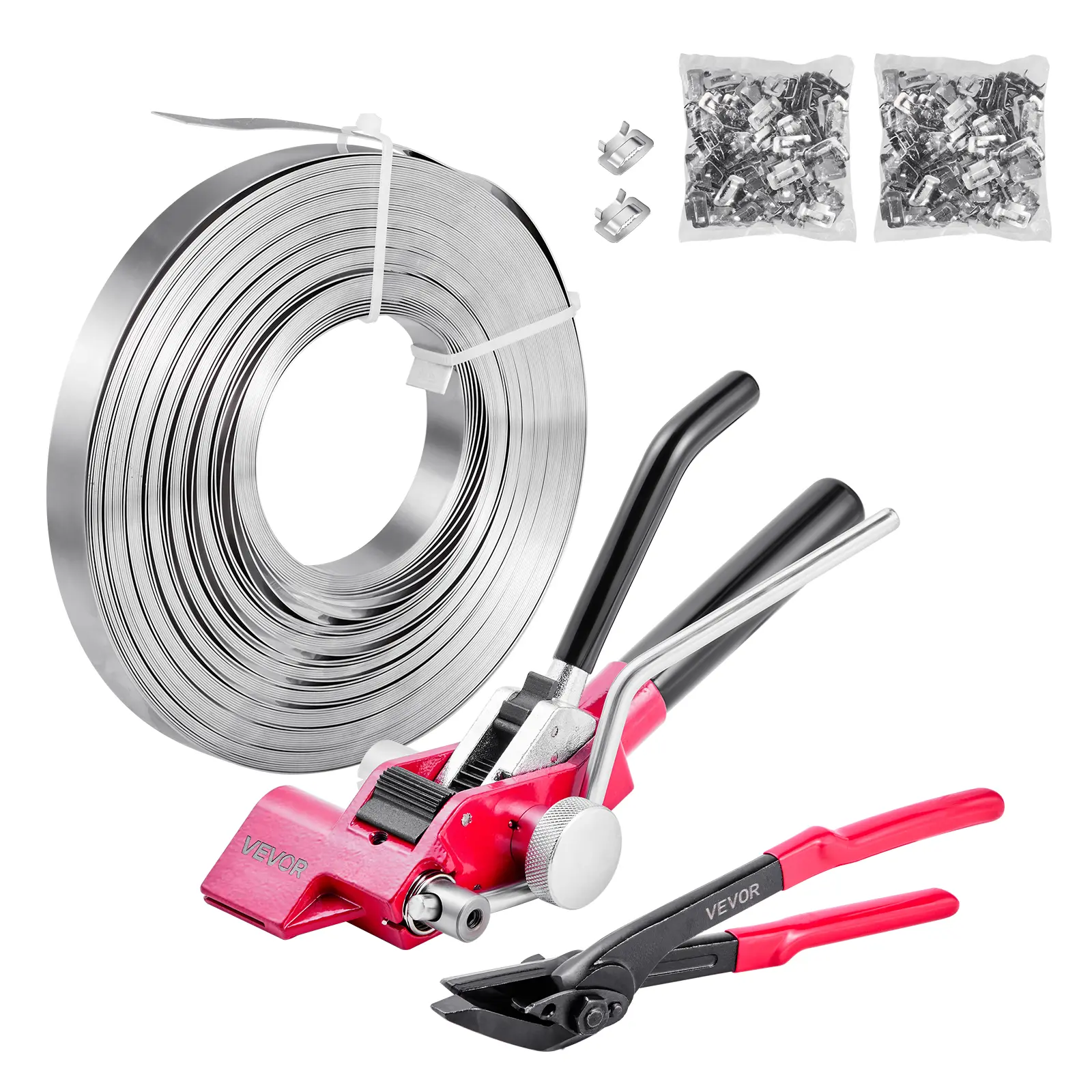 【Summerfinds】VEVOR Heavy Duty Steel Banding Strapping Kit - 2-in-1 Ratchet Tensioner Tool, 1 Tensioner Tool, 2 Rolls of 200 ft Binding Straps, 200 Metal Clasps, 1700 lbs Capacity for Warehouse Bundling & Packaging, Steel Wire Ratcheting Straps, Cuttin