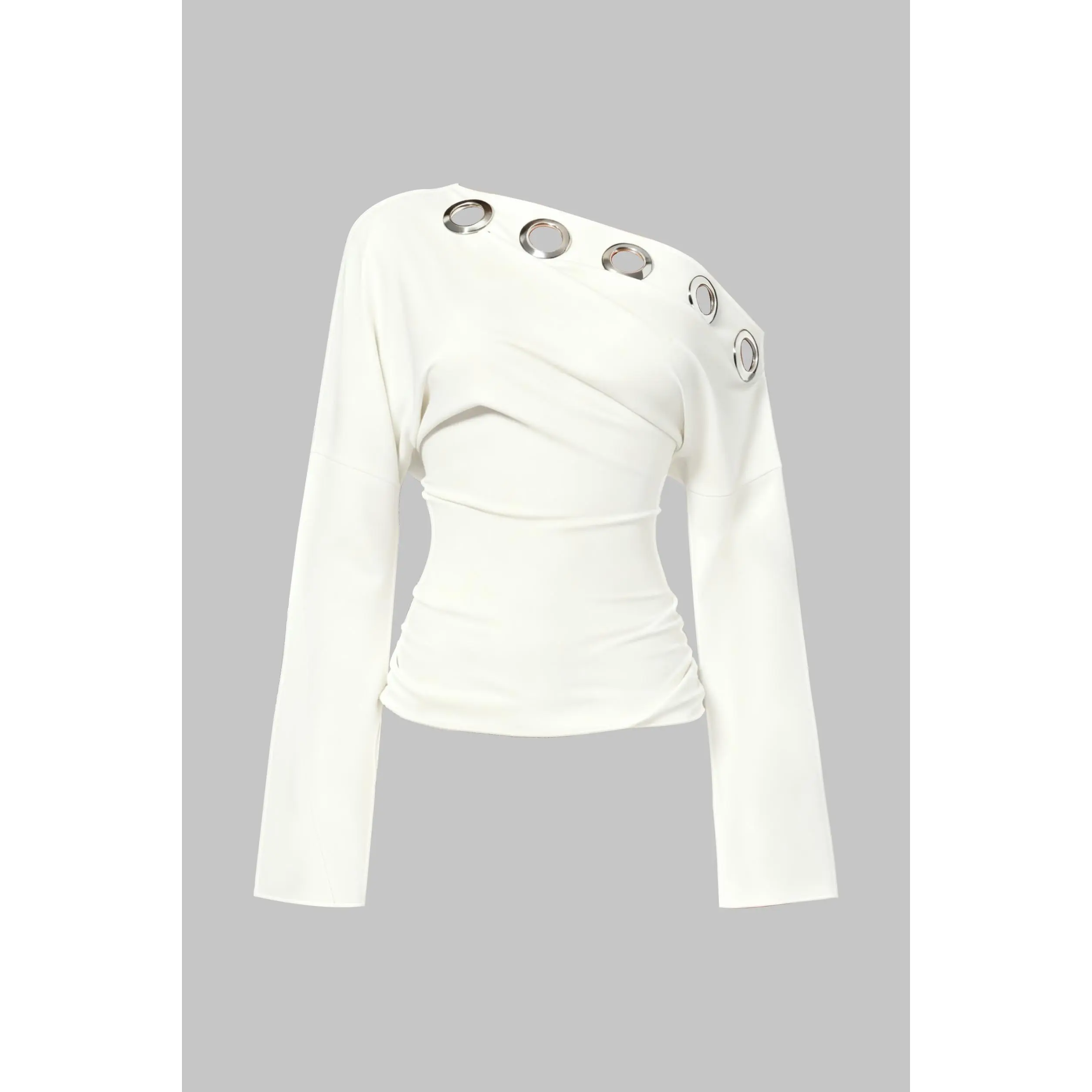 Women's Asymmetrical Metallic Eyelet Long-Sleeve Top, Casual Fitted Stretch Milk Shreds Pullover for Daily Wear, Clothes, Asymmetric Look, Polyester Blend, Mid Stretch, Pullover Top