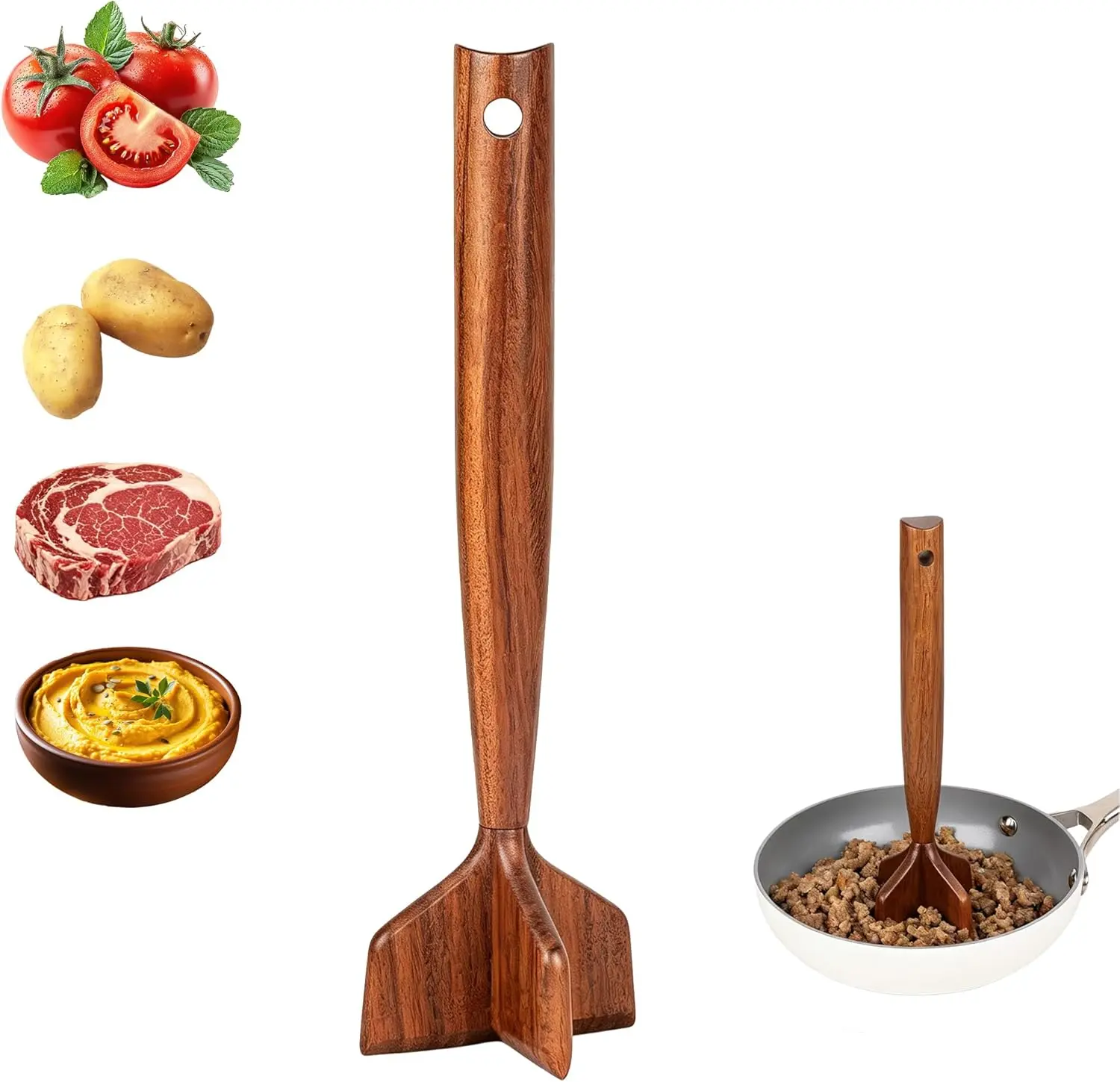 Ecoteak 4-Blade Solid Wood Meat Chopper & Shredder - 10.5 in Smooth Sturdy Stylish Multi-Use Kitchen Utensil for Chopping, Potato Smasher, Hamburger Smasher, Kitchen Cooking Accessory