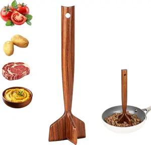 Ecoteak 4-Blade Solid Wood Meat Chopper & Shredder, 10.5 in Sturdy Multi-Use Kitchen Utensil - Wooden Potato Smasher, Hamburger Smasher, Kitchen Cooking Accessory