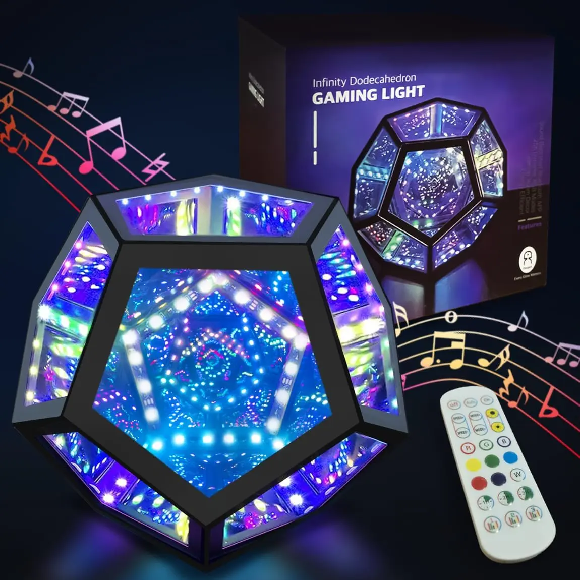 Dodecahedron Infinity Mirror Light - USB-Powered, Color-Changing Customizable, Music-Sync, Timer Function Cool Gadget, Whimsical Unique Room Decor Lights, Unique Gifts