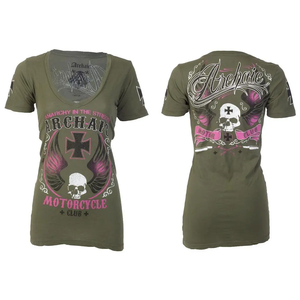 ARCHAIC by Affliction Women's Printed Cotton T-Shirt, Love Skull Graphic, V-Neck, Casual Short-Sleeve Streetwear Top, V-Neck Cut
