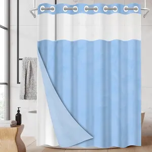 1pc hookless shower curtain with buckle lining, light blue textured design, 2D flat printing, fabric waterproof lining, see-through double-layer shower curtain, 71 x 74 inches, modern home draping curtain, Shower Curtain Liner