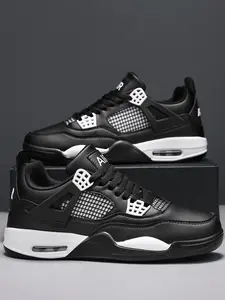 Men's Retro Basketball Inspired Sneakers, Air Cushion Sports Shoes, Breathable Mesh & Leather Upper, Print Detailing, Casual Streetwear Shoes for Training & Daily Wear