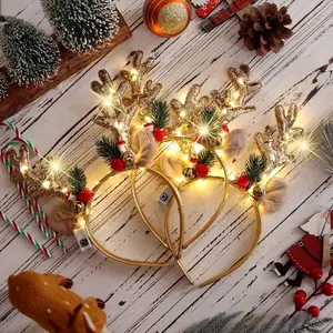 10pcs MICRENCY Christmas Reindeer LED Headbands - Festive Holiday Party Accessories with Red & White Antlers, Green Leaves & Lights for Christmas, Halloween, Weddings, Birthdays & More, Festive Headwear | Bohemian Style | Plastic Headband,