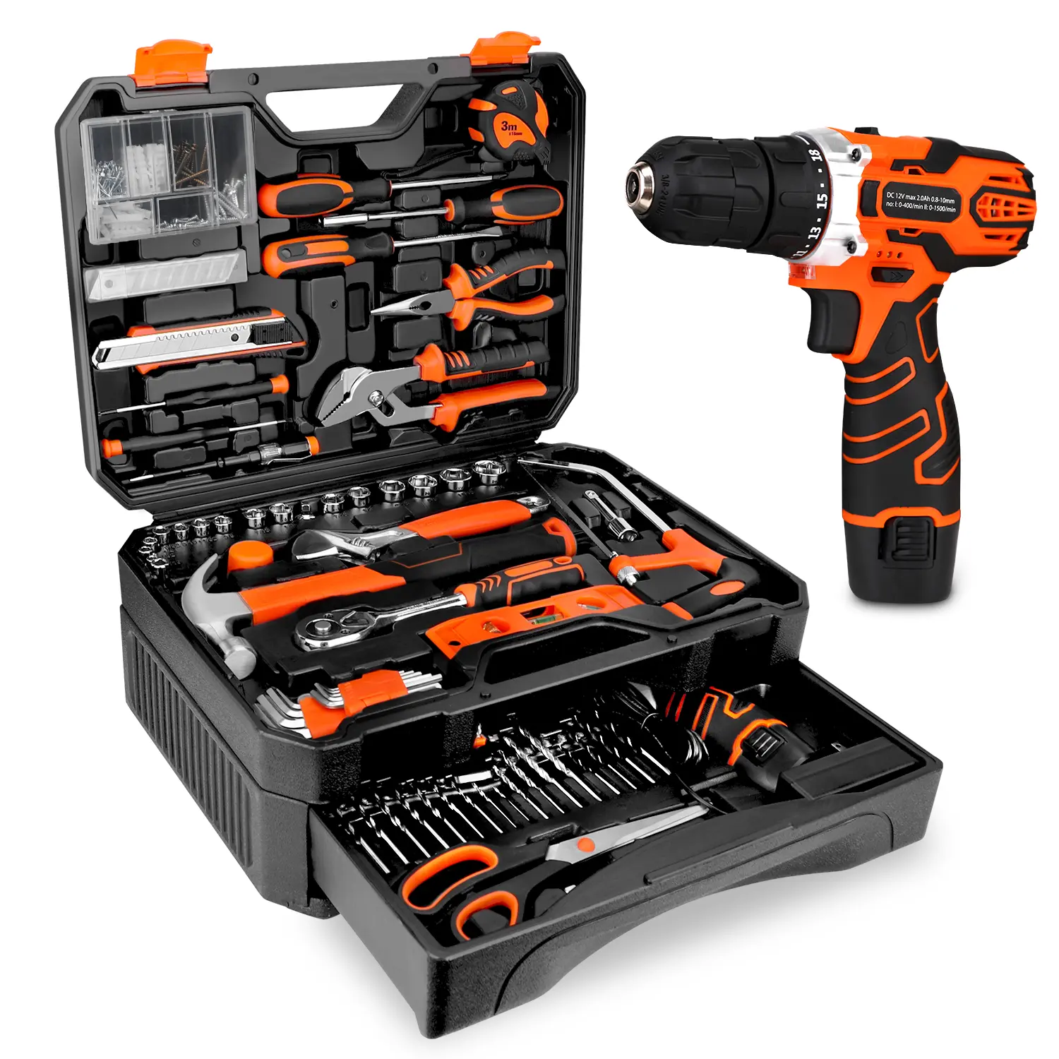 KINGTOOL 255-Piece Tool Set - Tool Kit with 12V Cordless Drill Driver, Toolbox Storage Case with Drawer, General Household Drill Set for DIY Projects, Home Repairs, Handyman