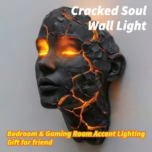 "Cracked Soul" Wall Light - Resin Art Decor - Unique Abstract Face Sculpture Lamp - Gothic/Lava Glow Bedroom & Gaming Room Accent Lighting