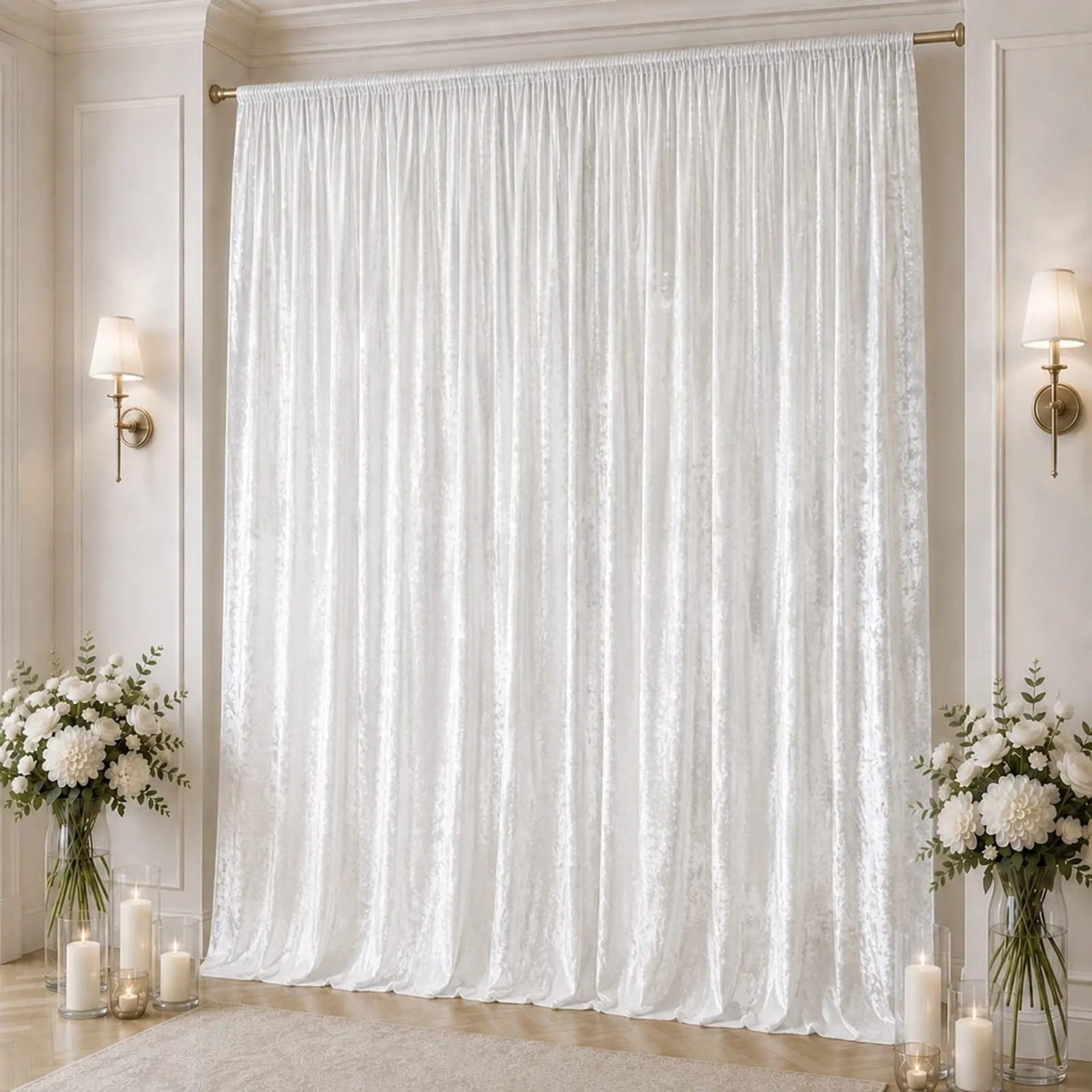 10ft x 16ft Premium Crushed Velvet Backdrop Curtain White – Ceiling Drape Panel & Stage Backdrop with Rod Pocket, 70% Blackout