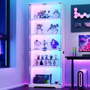 FREDEES Glass Display Cabinet with Doors, 69" Tall RGB LED Curio Cabinet with 5-Tier Wooden Shelves for Collectibles, Lockable Display Case for Living Room