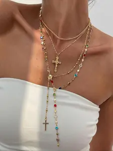 Women's Boho Style Alloy Chain Necklace Set, Bohemian Vibes, Multicolor Crystal Cross Pendant Jewelry Gift for Women, All-Season Fashion Accessory
