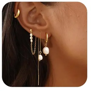 Dearmay Cross Pearl Dangle Hoop Earrings Gift for Easte for Women - Dainty Hypoallergenic Gold Small Drop Chain Hoops Trendy Earring Sets for Multiple Piercing Jewelry Greenish Spring