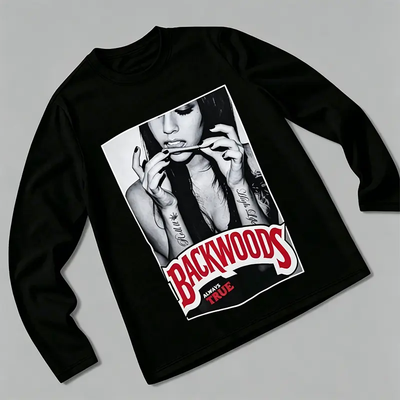 Retro Backwoods printed long sleeved T-shirt 100% pure cotton unisex spring and autumn fashion clothing Y2K loose street style casual top