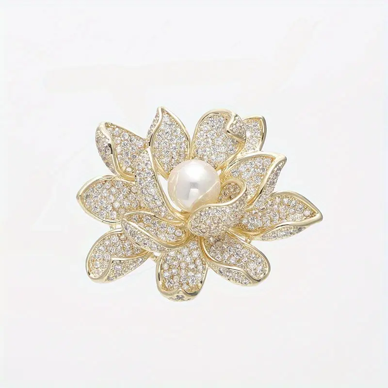Elegant Lotus Flower Brooch Pin with Rhinestones and Pearl - Luxury Fashion Accessory for Women