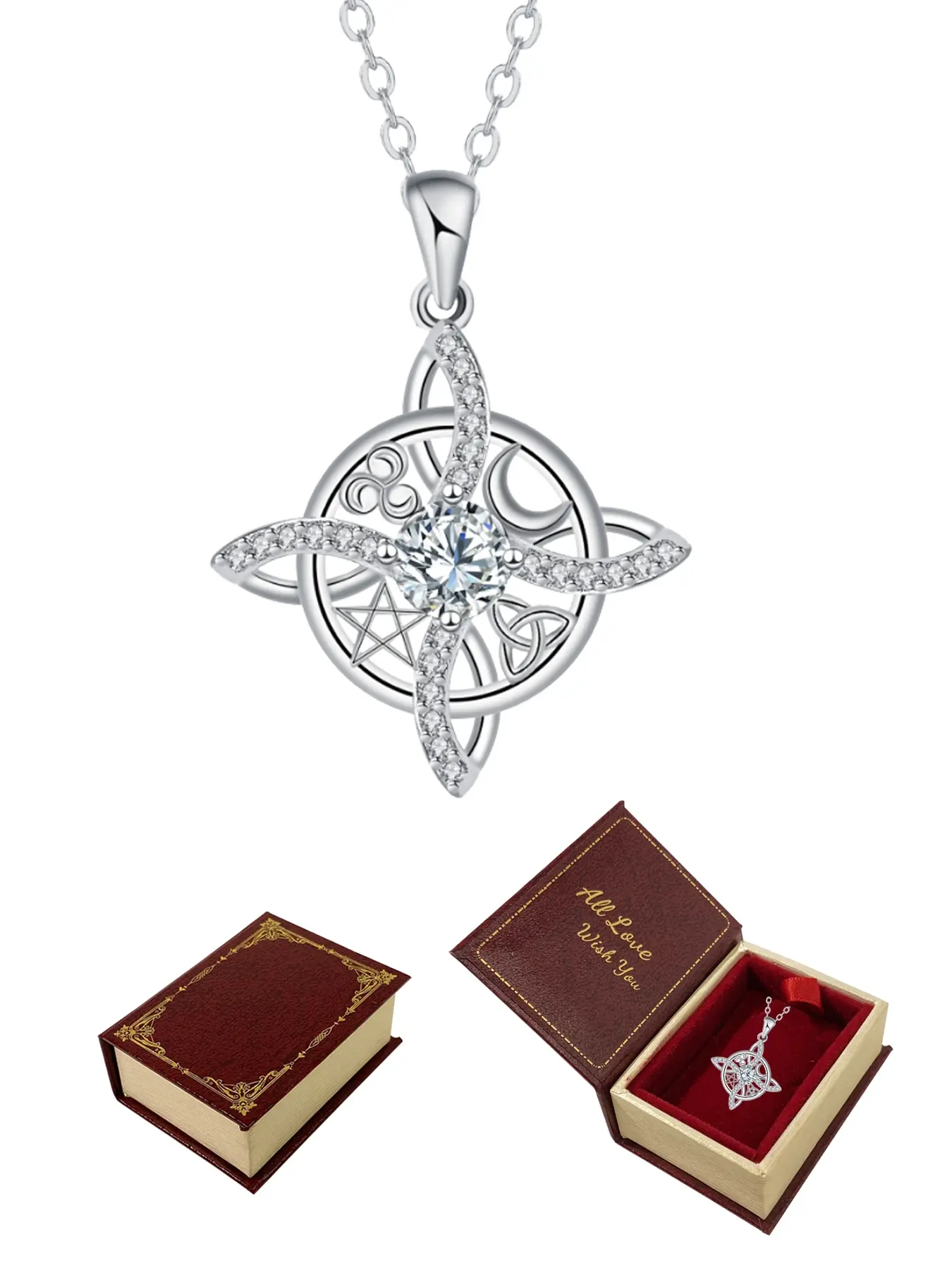 Witches Knot Hecate Goddess Tetragrammaton Witchy Jewelry Necklace With Mini Magic Book Jewelry Box, Lucky Knot Necklace for Women, Charm Necklace, Birthday Christmas Amulet Gifts for Mom Wife Girlfriend Daughter