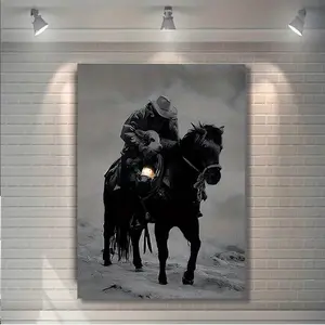 1 Piece 2D Flat Framed Canvas Western Cowboy Wall Art - Black and White Vintage Retro Decoration, Country Farmhouse Style, Living Room or Bedroom Hanging, Wooden Frame Artwork, Ready to Hang, Perfect Room Decoration