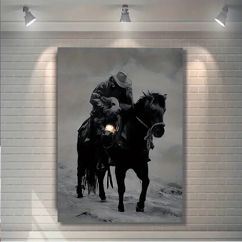 1 Piece 2D Flat Framed Canvas Western Cowboy Wall Art - Black and White Vintage Retro Decoration, Country Farmhouse Style, Living Room or Bedroom Hanging, Wooden Frame Artwork, Ready to Hang, Perfect Room Decoration