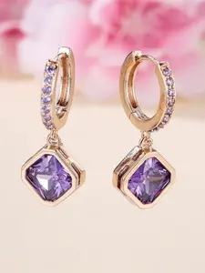 Dainty Female Purple Square Round Cubic Zirconia Stones Hoop Earrings Cute Gold Color Girlfriend Gifts Wedding Jewelry For Women