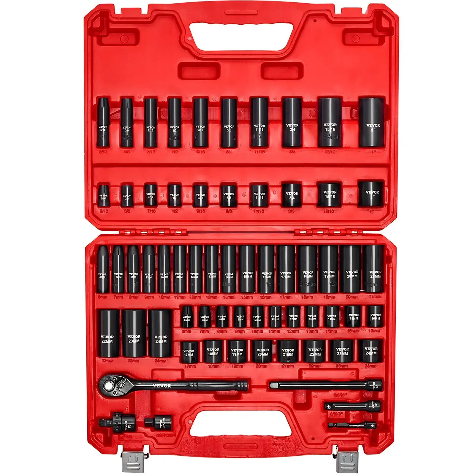 【DealsForYouDays】VEVOR 3/8 in Drive Impact Socket Set,64 Piece6 Point Deep & Shallow Impact SocketsSAE (5/16 in to 1 in) and Metric (6 to 24 mm) Sizes with 3 in & 6 in Extension BarsCr-V SteelCarrying Case, Universal Wrench Extension, Mechanic Tools, Work