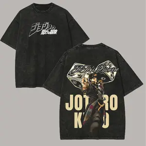 Men's Vintage Jojo's Bizarre Adventure Jotaro Kujo Printed Unisex Round Neck Distressed Washed T-Shirt, Menswear Festive Casual Top, Father's Day Gift, Tshirt