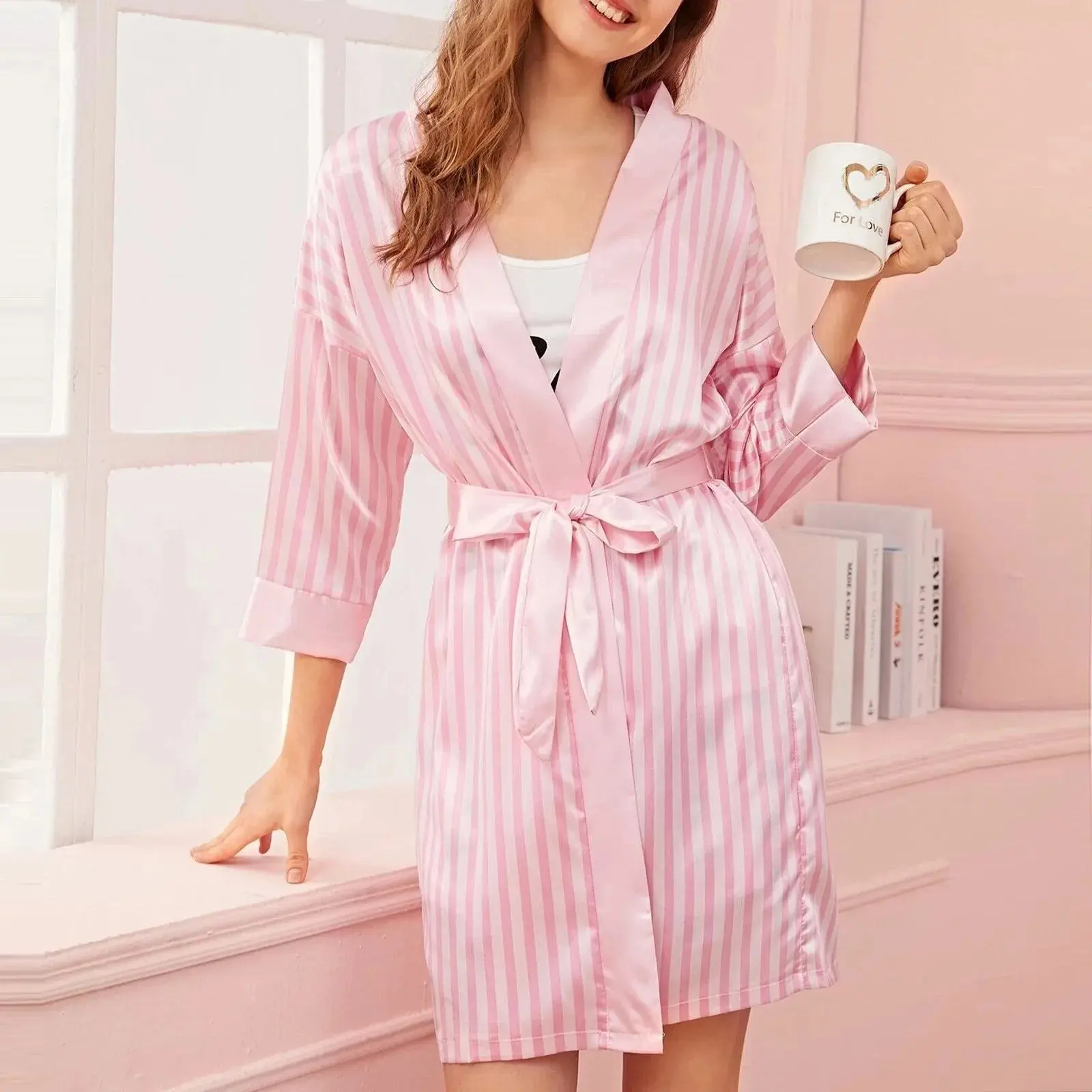 Women Satin Pajamas Bride Robe Solid Color Striped Pattern Kimono Bathrobe Silk Sleepwear Robes Plus Size Pink Nightdress 4xl