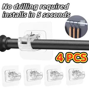 4PCS No Drill Curtain Rod Brackets, Self Adhesive Transparent Curtain Rod Holders, Nail-Free Multi-Purpose Rod Mounts with Clear Hook Supports for Bathroom, Bedroom, Kitchen, Dorm Room & Home Decor