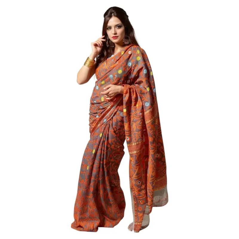 Elegant Cotton Traditional Saree for Women in Orange and Gray with Intricate Design, Soft Ethnic Fabric for Party Wear, No Blouse Piece, Ethnic Look, Dress, Clothes