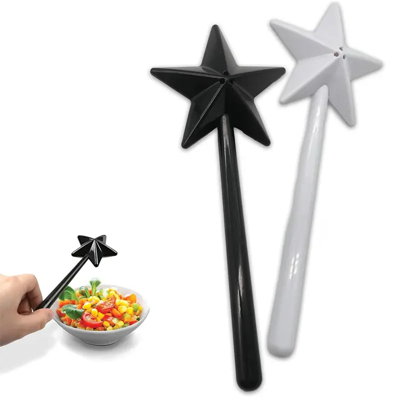 2 Counts Salt and Pepper Shaker Magic Wands, Pentagram Shape Salt Dispenser, Wand Salt and Pepper Shakers, Star Wand Salt and Pepper Shakers Refillable With Holes Kitchenware Kitchen Accessories Kitchen Gadgets Home Seasoning Shaker (Black+White)