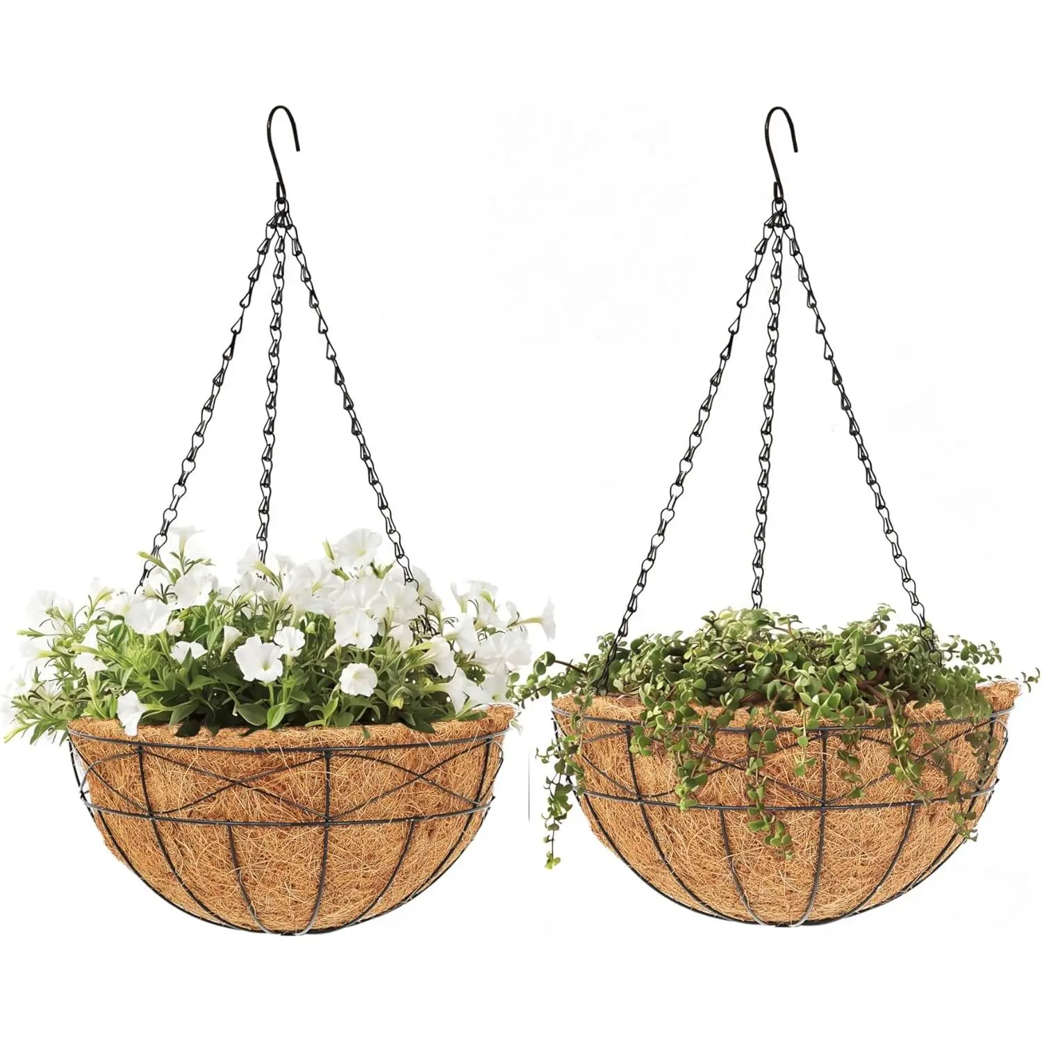Hanging Planters (2Pcs) | Outdoor Indoor Metal Chain Baskets with Coco Liner | Round Flower Pots for Porch Balcony Garden Patio Decor