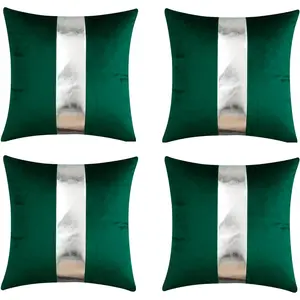 4-Pack 18x18 in Polyester Linen Velvet Throw Pillow Covers - Patchwork, Custom, Modern Cushion Covers with Green Silver Leather Striped Stitching, Machine-Washable Square for Bedroom, Sofa Decor, Patchwork Cushion Covers
