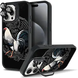 Cool Creative Rooster Pattern Shockproof Silicone Protective Case For iphone 16 15 14 13 12 11 PRO PLUS MAX Hard TPU Metal lens frame Film With Bracket Stand Gift Shockproof Protection Anti-Drop Protective Protector Phone Cases Shell Cover iphone 15