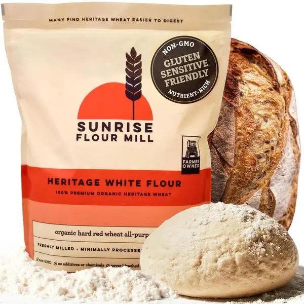 Sunrise Flour Mill Heritage Organic White Flour | USDA Organic All Purpose Flour Unbleached - Non-GMO, Kosher, Grown Without Glyphosate, High Protein for Baking, Unbromated White Wheat (32 Ounce (Pack of 1))