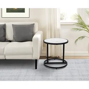 Beri 18 Inch Side End Table, Round White Natural Marble Top, Classic Slim Black Iron Frame - The Urban Port