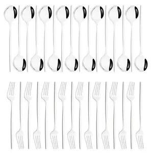 32-Piece Stainless Steel Spoon Fork Set, Mirror Polished Finish, Ideal for Coffee Milk Tea Shops Baking Picnic Camping