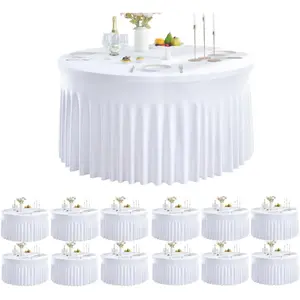 12 Pack Spandex White Round Tablecloths for 72 inch Table, Stretchy 132inch Fitted 6FT Round Table Cloths, Wrinkle Free Table Cover with Skirt for Wedding Party Dining Banquet