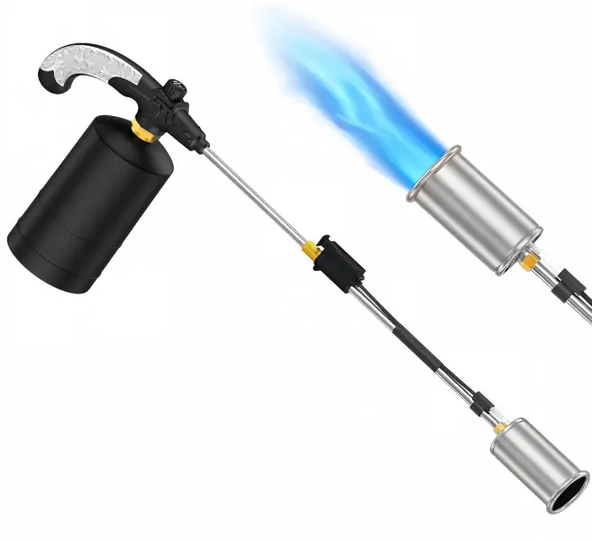 Propane Weed Removal Torch with Detachable Long Handle, Adjustable Flame Push Button Ignition Outdoor Garden Tool for Weed Clearing, Ice & Snow Melting, Wood Surface Treatment, Propane Tank Not Included