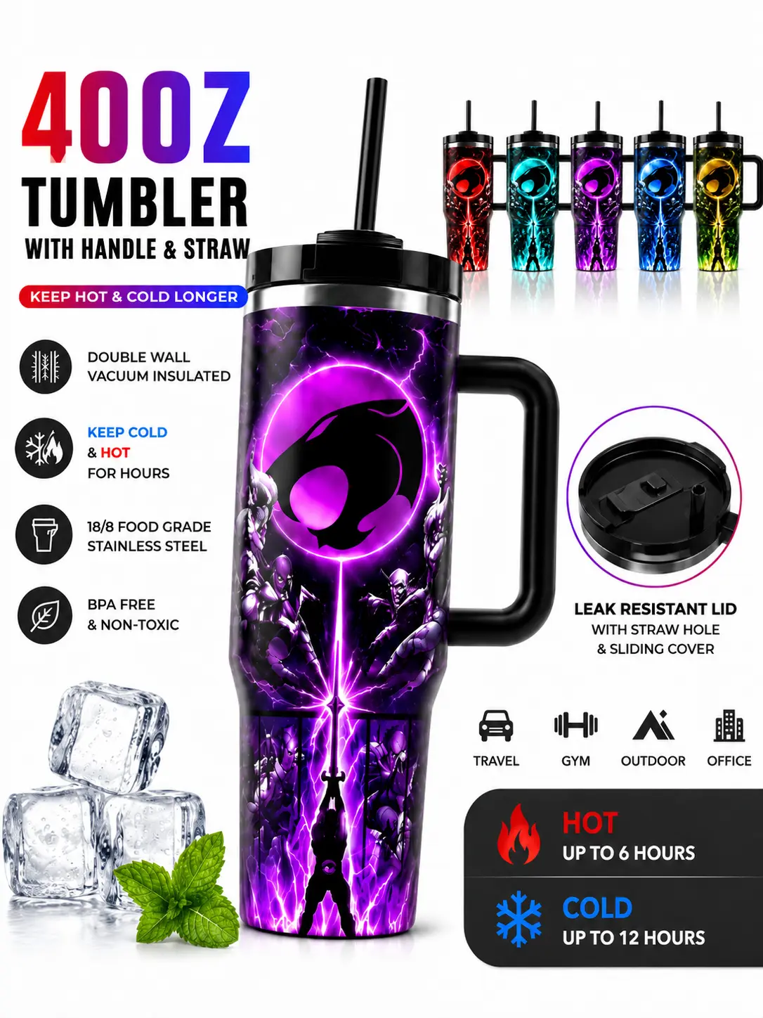 20 oz  30oz 40 oz Stainless Steel Insulated Tumbler with Handle, Lid and Reusable Straw – Black Purple Graphic Travel