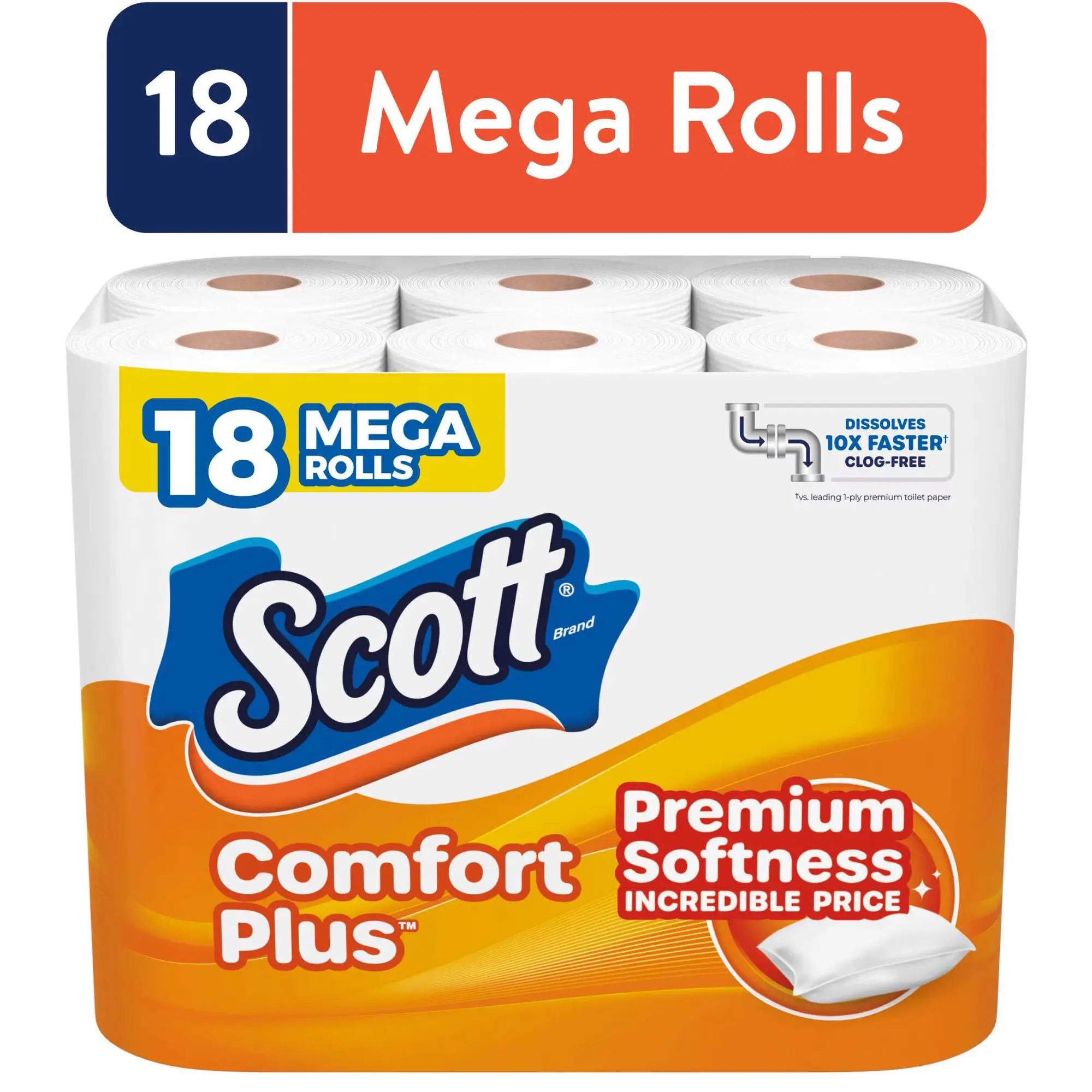 Scott ComfortPlus Bath Tissue, 18 Mega Rolls, 310 Sheets Per Roll, 3x Thicker, 4x Stronger, Clog-Free, Unscented Toilet Paper for Home Care Supplies