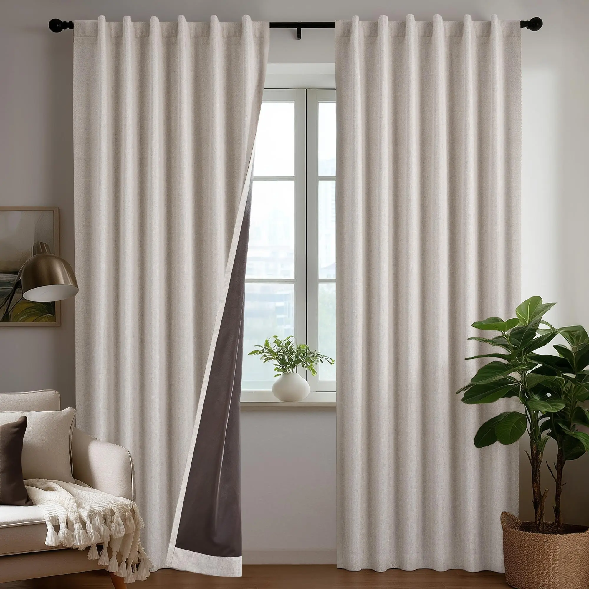 Deconovo 100% Linen Window Blackout Curtains - 2 Thermal Insulated Back Tab Top Panels, Noise-Reducing Privacy Curtains for Bedroom, Home Theater