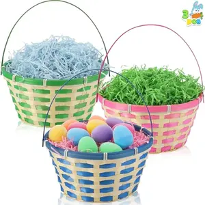 3PCS Easter Bamboo Baskets Empty Toys Gift Woven Goodie Baskets with Handle for Easter Egg Hunt, Kids Party Decor Supplies, Filling with Candy Party Favors,12.8" x 10.6" (Green, Blue, Pink)