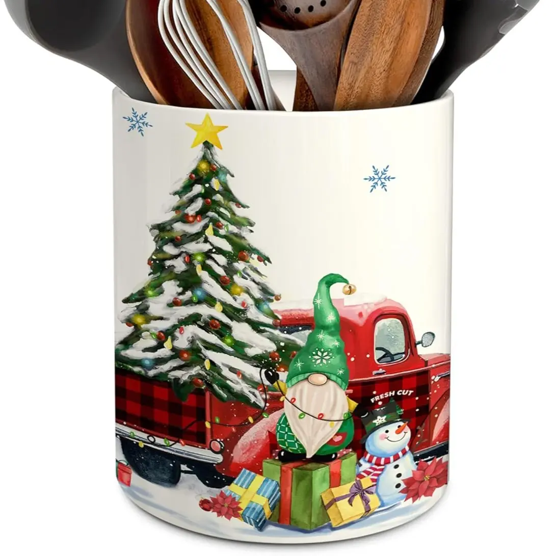 Christmas Kitchen Decor Ceramic Utensil Holder, Cute Christmas Gnome Truck Utensils Holder, Xmas Ceramic Utensils Crock for Rustic Farmhouse Indoor Kitchen Decorations(6.3 Inches)