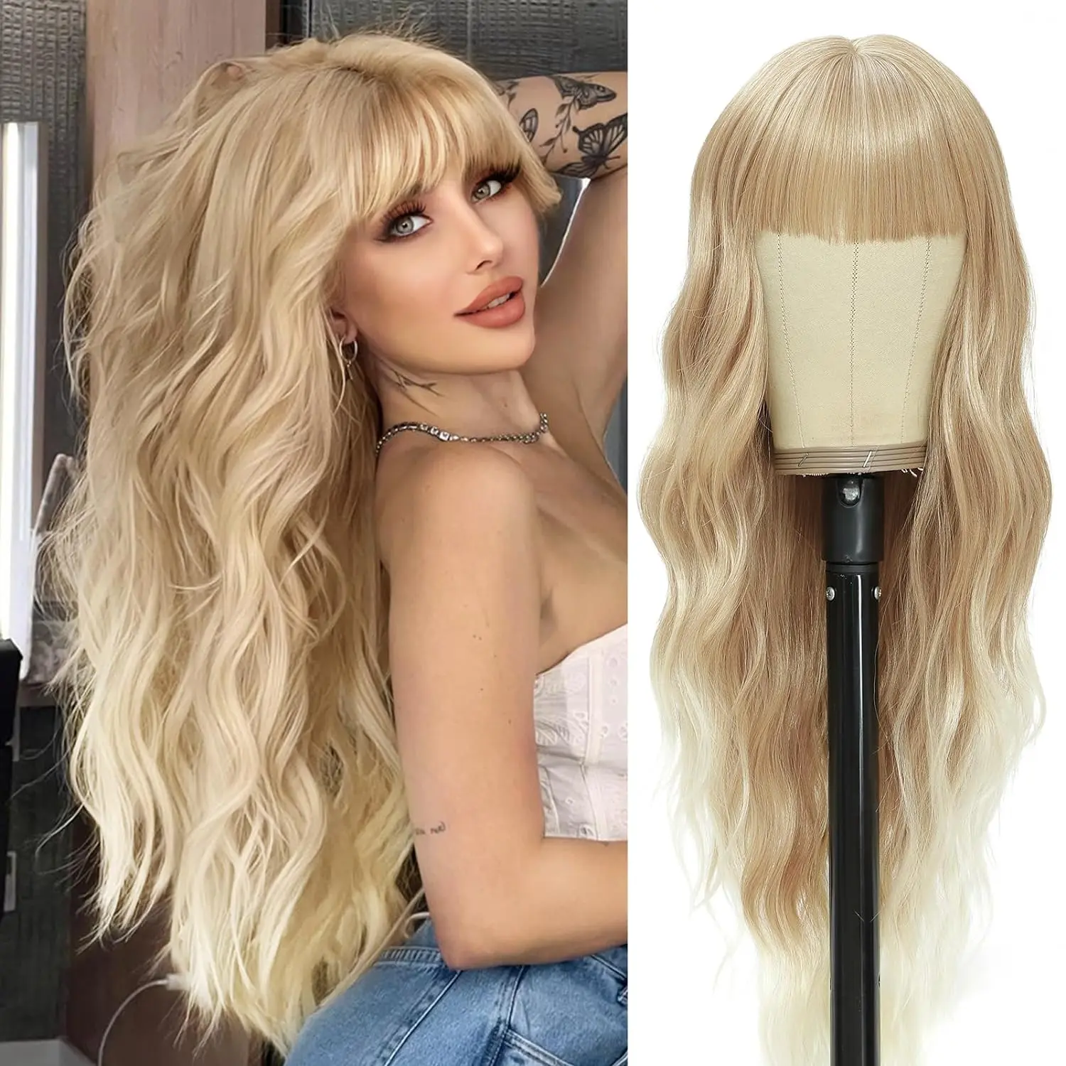 Long Blonde 30 Inch Wigs with Bangs for Women Curly Wavy Hair Heat Resistant Synthetic Fiber Wigs for Daily Party Use