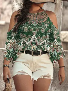 Plus Size Boho Bohemian Print off Shoulder Top, Ethnic Style Chiffon Blouse, Irregular Neckline, Casual Summer Fashion, Womenswear