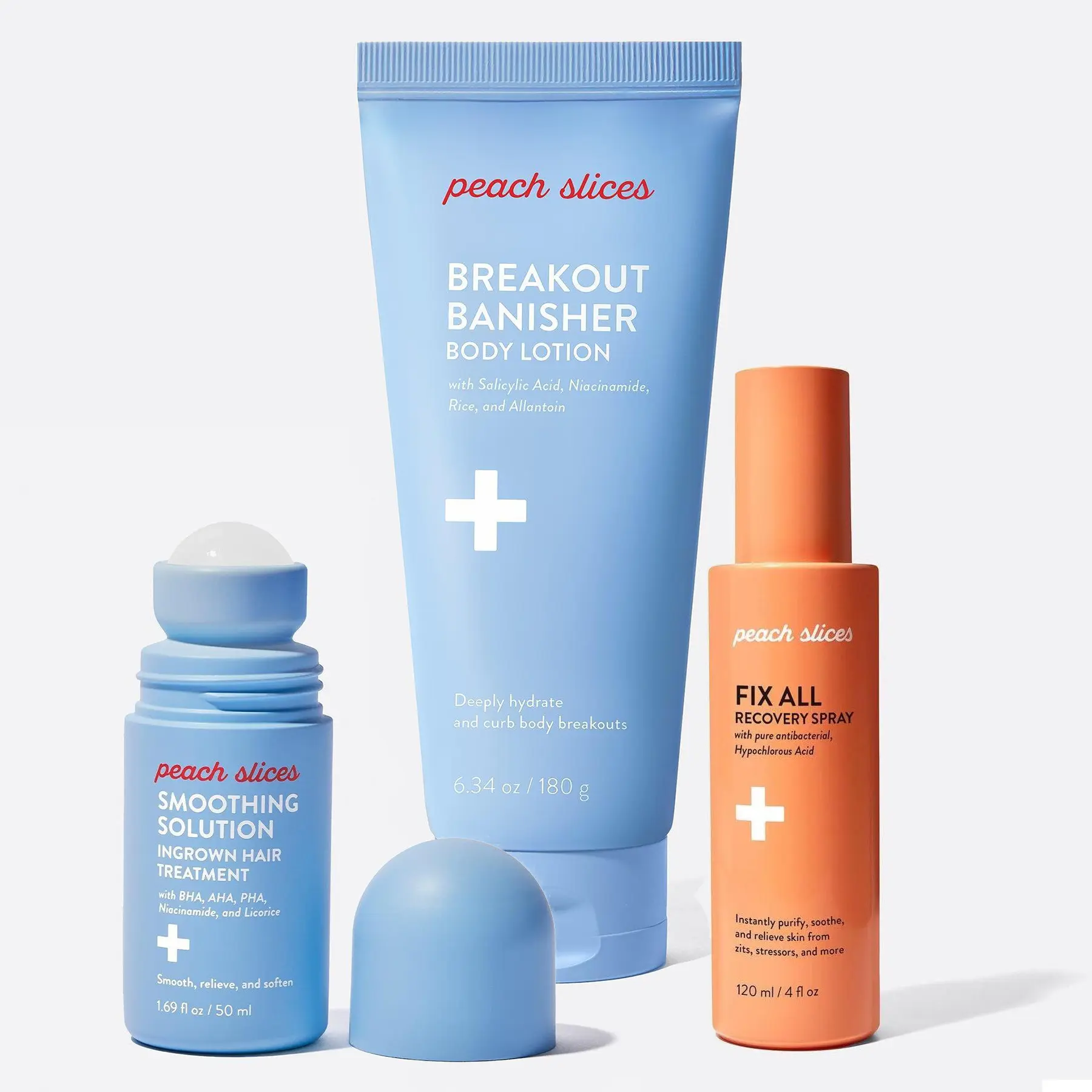 The Body Rescue Trio from Peach Slices - Smoothing Solution Ingrown Hair Treatment, Fix All Recovery Spray, Breakout Banisher Body Lotion The Body Rescue Trio from Peach Slices - Smoothing Solution Ingrown Hair Treatment, Fix All Recovery Spray, Breakout Banisher Body Lotion
