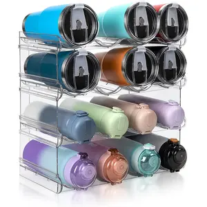 Stackable Water Bottle Organizer, Large Compartment Water Bottle Holder, 4 Tier Clear Water Bottle Organizer for Cabinet, Bottle Rack for Kitchen Organization and Storage - Hold 16 Bottles