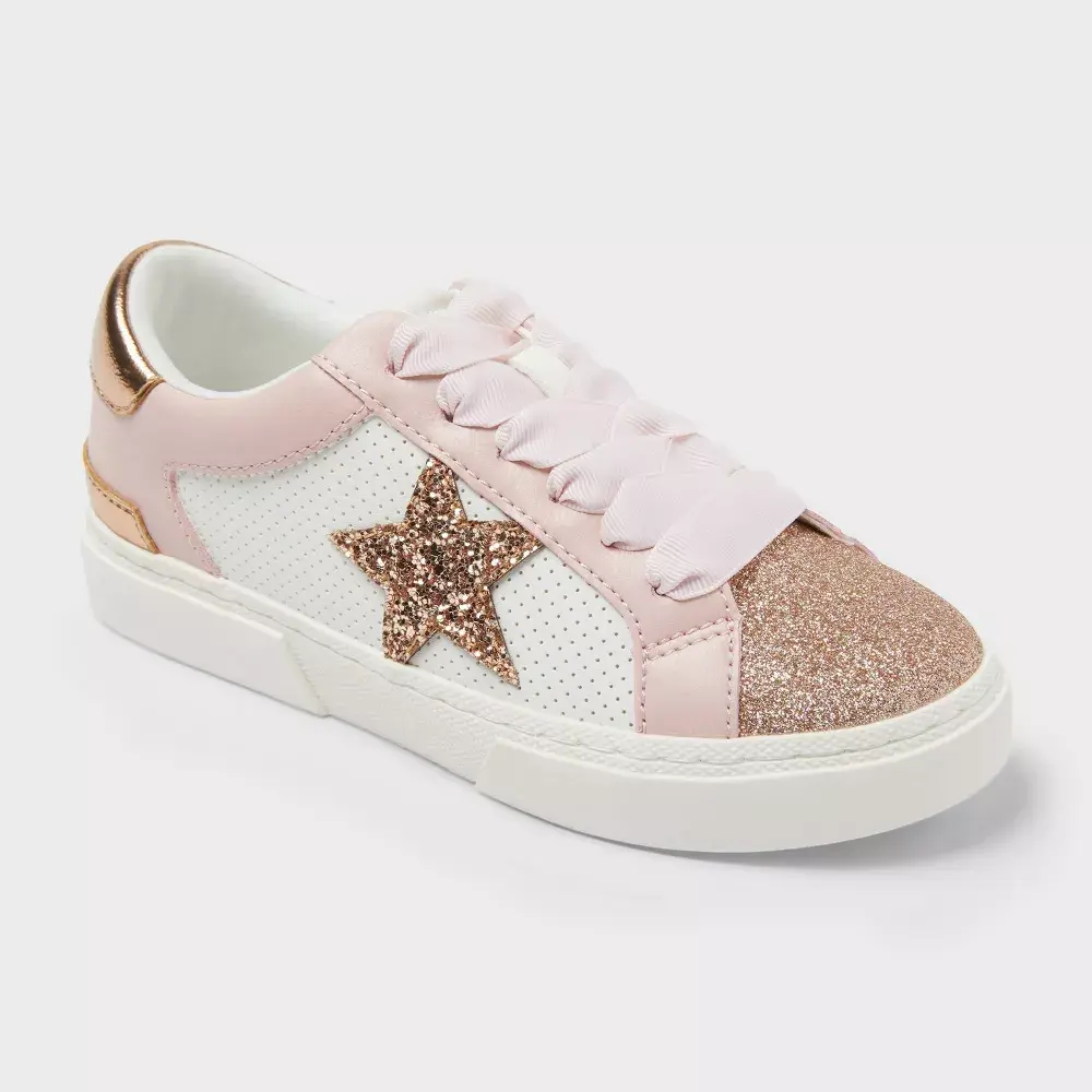 Art Class Kids' Kaitlyn Court Low Top Casual Sneakers - Star & Sparkle Detail, Memory Foam, Rubber Sole, Cute Back to School Shoes, Sports Footwear