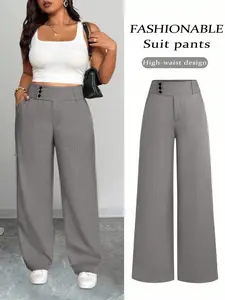 Plus Size Women's Wide Leg Trouser Pants with High Waist, Fit, Three Button Details and Side Pockets for Stylish Casual