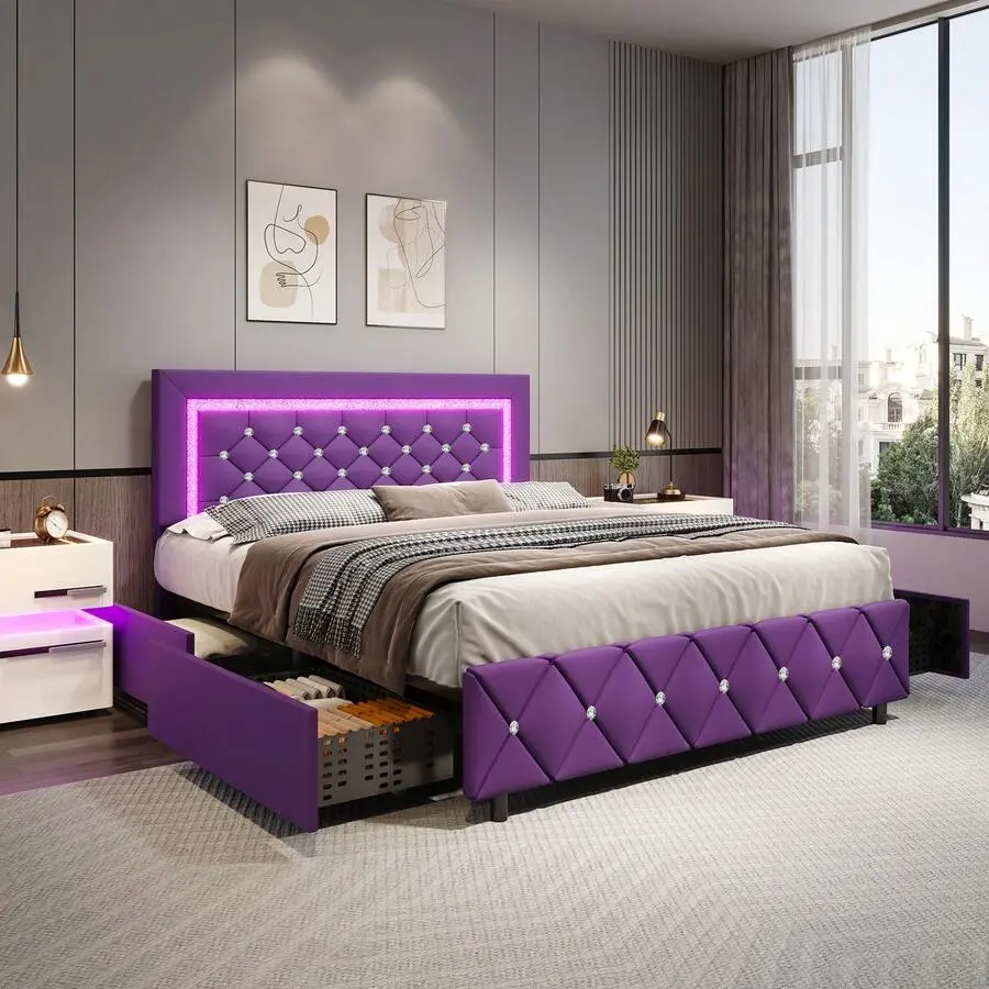 Diamond Tufted LED Upholstered Platform Storage Bed Frame with Underbed Drawers, Full Size & Multi Size Options, No Box Spring Required, Bed with Storage Underneath, Platform Storage Bedframe