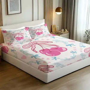 3pcs Coquette Pink Cherry Bow Fitted Sheet Set, Cute Bed Sheet Set, Soft Microfiber Bedding Set (No Fillers), Pastel Cherry Print Mattress Cover for Teen Girls, Aesthetic Bedroom & Dorm Decor